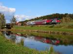 GKB  Plan B  218 256 mit Doppelstockwagen bei Kresbacher Teiche kurz nach Deutschlandsberg in Richtung Wies Eibiswald. 
14.10.2011.