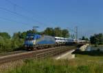 1216 922 mit einem Autozug am 15.06.2013 auf der Isarbrcke bei Plattling.