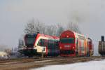 20.12.2013. BS 205 bei ´seiner §40 Fahrt im Bahnhof Deutschlandsberg. Als eines der letzten Fahrzeuge erhielt auch der Doppelstocksteuerwagen PZB 90 und Impulssifa welche nat𲬩ch auf Herz und Nieren gepr𦴠wurden. 