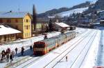 Vor der Weiterfahrt nach Köflach warten zwei VT 70 im Bahnhof Voitsberg die Kreuzung mit dem Gegenzug ab