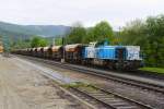 Ein Typenreiner Schotterwagenzug von RTS wartet auf seinen ABtransport zur nächsten Baustelle. Deutschlandsberg am 3.05.2014