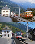 Beim Blick aus westlicher Richtung erscheint die Ver�nderung des Bahnhofes Schruns im Montafon nicht allzu gro�, die Triebfahrzeuge haben sich allerdings ver�ndert: Oben verl�sst der ET 10.101 der Monafonerbahn an einem Augustabend 1982 den Bahnhof, darunter ist ein 4024 der �BB zu sehen, der am 13.08.2026 als S 4 der Vorarlberger S-Bahn ausf�hrt