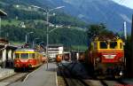 Bahnhof Schruns im August 1982 mit ET 10.101 (ex Bad Eilsener Kleinbahn) und der 1980 von der ÖBB erworbenen 1045.01. 