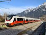 Ein neuer ÖBB CityJet Talent3 4758 011 von Bombardier am 8.3.20 hinter dem Bhf Interlaken abgestellt.