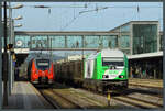 Mit einem Zug aus Rungenwagen durchfährt ER20-05 der SETG am 10.10.2023 den Bahnhof Regensburg Hbf und passiert dabei 442 601 der DB Regio.