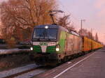 193 204 mit Holzzug von Rostock-Bramow nach Stendal-Niedergörne bei der Durchfahrt am 10.04.2026 im S-Bahnhof Rostock-Holbeinplatz. 