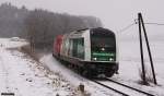 Nun hat es der Winter auch ins Pinkatal geschafft. STB 1223 004 & STLB 2016 901 fahren bei starkem Schneefall mit VG77266 von Oberwart nach Friedberg. Riedlingsdorf, 27.01.2014