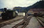 Fast noch interessanter als die Lokomotive  Thörl , die im Bahnhof Kapfenberg Landesbahn ihren Zug nach Seebach-Thurnau zusammenstellt, ist die Weiche im Vordergrund, die in ein Drei- bzw.