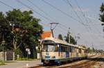 Ein vom Tw.109 geführtes Tandem der Reihe 100 bei der Ausfahrt aus der Haltestelle Tribuswinkel - Josefsthal. (08.08.2020)