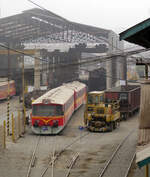 Doppel-Dieseltriebwagen und anderes abgestelltes Rollmaterial im Bahnhof Chosica.