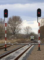Halt in Bieniów (deutsch Benau, niedersorbisch Bjenow) 
 die Kreuzung eines TW aus Zary wird abgewartet.Links fährt der TW ein, die rechte Strecke, aktuell stillgelegt, führt nach Lubsko-Guben. 16.03.2024 12:54 Uhr .