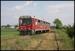 Kurz vor dem Ende der Strecke Pleszew Miasto - Pleszew Kowalew fädelt das Schmalspurgleis aus dem Dreischienengleis aus. Der Triebwagen MBxd2-216 befährt gerade die Abzweigweiche und erreicht nach ca. hundert Metern den Endpunkt der Strecke.