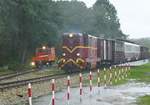 07.09.2017, Polen. Bahnhof Niechorze der Schmalspurbahn (Gryfice) - Trzesacz - Pogorzelica. Lok Lxd2 472 setzt ihre Fahrt in östlicher Richtung auch bei diesem Sauwetter fort. Die Besatzung des Bahndienstfahrzeug WMC 309 wartete derweil geduldig und blendete für den Fotografen die Lichter auf - Danke.