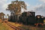 Schmalspurbahnen in Polen: Die Ty3 194 wird mit ihrem Sonderzug am 25.09.1976 im  Bahnhof  Twardow Mijanka vom MBxc1 42 überholt.