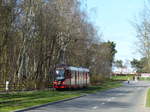 Die Straßenbahnlinie 8 nach Stogi Plaża fährt auf dem letzten Abschnitt durch einen kleinen Wald. Die Strecke ist hier unglaublich schlecht, so dass die Bahn mit unter 30 km/h dahinschleicht. In Stogi Plaża befindet sich ein einladender Ostseestrand, somit handelt es sich um ein beliebtes Ausflugsziel. 9.4.2017, Gdansk