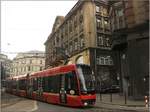 Alstom Citadis Straßenbahnwagen, in Bytom nahe der Haltestelle Bytom Sad. März 2018