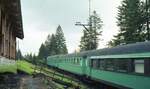 Zacken-Bahn Hirschberg – Schreiberhau - Polaun (Jelenia Góra-Szklarska Poręba-Kořenov)__Bf. Jakobsthal/Rsgb.(Jakuszyce).__Umgewidmete Reisezugwagen älterer Bauart... waren hier abgestellt.__03-06-1991