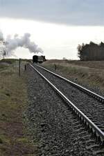 Polen Parowozownia Wolsztyn Strecke 328 Leszno-Wolsztyn-Zbąszynek: Ol49-69 + B11p 042-1 + B11p 343-3, Zug 77670 Wolsztyn-Leszno, zwischen Włoszakowice und Krycko Wielkie, 8. April 2022.