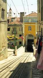 Lissabon Standseilbahnen__Elevador da Bica__Blick in die Talstation. Wohnen und Schienen-Nahverkehr gut verträglich auf engstem Raum.__06_1999 