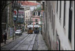 Begegnung der Triebwagen der Standseilbahn in der Taberna da Gloria am 19.3.2018 in Lissabon.