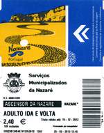 NAZARÉ (Distrikt Leiria),20.09.2013, Fahrkarte für die Hin- und Rückfahrt mit dem Ascensor de Nazaré, einer Zahnradbahn, die auf einer 318 Meter langen Strecke mit einer Steigung
