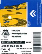 NAZARÉ (Distrikt Leiria),20.09.2013, Fahrkarte für die Hin- und Rückfahrt mit dem Ascensor de Nazaré, einer Zahnradbahn, die auf einer 318 Meter langen Strecke mit einer Steigung