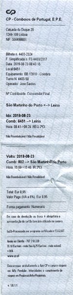SÃO MARTINHO DO PORTO (Distrikt Leiria), 23.08.2019, Fahrkarte São Martinho do Porto nach Leiria und zurück (Fahrkarte eingescannt)