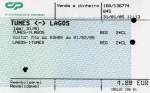 TUNES (Distrikt Faro), 31.01.2005, ein Fahrschein für eine Person von Tunes nach Lagos und zurück, gelöst am Bahnhof Tunes -- Fahrkarte eingescannt