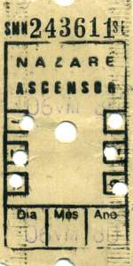 NAZARÉ (Distrikt Leiria), August/September 1985, 6er-Ticket für den Ascensor de Nazaré, einer Zahnradbahn, die auf einer 318 Meter langen Strecke mit einer Steigung von 42 % einen