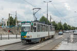 Ex-Potsdamer Tatra-Wagen 73 am 9. Juli 2018 auf der Linie 102 der Strassenbahn Cluj-Napoca am Bahnhofsplatz.
