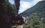 CFR 50 065 am 30.05.1995 bei einer Scheinanfahrt kurz vor Anina. Die Bahn führt von Oravita durch das unzugängliche und dicht bewaldete Anina-Gebirge hinauf in das 339 m höher gelegene Anina. Insgesamt 14 Tunnels und 10 Brücken mussten gebaut werden, um den Höhenunterschied auf der 33,4 km langen Strecke zu überwinden. Trotzdem wurde die  Banater Montanbahn  wegen der ergiebigen Kohlevorkommen rund um Anina bereits 1863 eröffnet. Zwar mögen manche Puristen unter den Eisenbahnfotografen solche  gestellten  Fotos bei Sonderfahrten nicht so sehr, doch auf dieser Gebirgsbahn sind solche Fotostellen anders wohl nur schwerlich zu erreichen. Inzwischen steht die Bahn unter Denkmalschutz und wird von einem täglichen Zugpaar bedient.