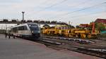 Ein Triebzug der Baureihe 96 aus Richtung Slobozia zieht am 30.09.2017 in Bahnhof Tandarei. Im Hintergrund ist ein Teil eines Bauzugs zu sehen.