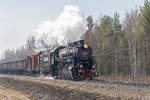 Die Dampflokomotive Л-3348 läuft mit einem Güterzug bei Probefahrt zwischen Bahnhöfe Krapivenskaya und Stodolishche in Smolensk Oblast am 25.