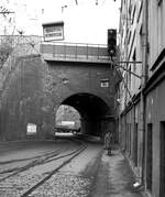 Moskau Tram__ Automatische Eingleisigkeit  steht (wörtlich übersetzt) über der Gleisverschlingung.__10_1977