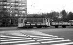 Leningrad Tram__Güter-Tw G-67 mit Beiwagen in der Stadt unterwegs.__10-1977