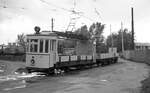 Leningrad Tram__Güterzug mit Tw G-54 (Грузовые вагон = Güterwagen) im Betriebshof.__10-1977