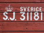 Aufschrift an einem Güterwagen der SJ, der auf dem Gelände des Museums-Bergwerks von Falun ausgestellt ist (08.07.2014).