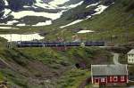 Am 31.07.1993 fhrt eine X10 Doppeleinheit der SJ in den Bahnhof Myrdal ein.
