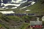 Am 31.07.1993 fhrt eine X10 Doppeleinheit der SJ in den Bahnhof Myrdal ein.