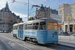 Oldtimer Tram 170 mit Baujahr 1954 der SL wartet am 01.06.2022 an der Haltestelle Nybroplan.