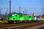 Green Cargo Transmontana Loks sind auf der Reise von Rumänien nach Sweden. Die Fabrikneue 480 055 (MB 4013) und 480 056 (MB 4014) warten auf der Weiterfahrt in Bf. Štúrovo (Párkány) in der Slowakei.
02.10.2021.