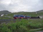 Erzzug der LKAB auf dem Bj�rnfell bespannt mit einer IORE-Lok der neuesten Generation (Nr. 110  Bj�rkliden  und 109  Abisko ), als Leerzug Richtung Kiruna. Zug verl�sst gerade einen Tunnel in Richtung schwedischer Grenze. Die Strecke wurde hier vor Jahren v�llig neu trassiert, um die stark in die Jahre gekommene Norddalsbrua umgehen zu k�nnen. Aufnahme vom 05.07.2010