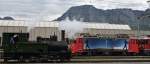 Jubiläum 125 Jahre RhB am 10.05.2014 in Landquart.
Nach getaner Arbeit ist die G 3/4 auf dem Weg ins Depot und trifft dabei auf die Ge 4/4 II Werbelok 617 Ilanz  RE POWER .