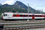 Der RegionAlps Triebwagen  RA 04  RBDe 560 DO RA 94 85 7 560 404-6 CH-RA am 23.7.18 beim Bhf Brig abgestellt.