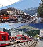Ein weiteres Vergleichsbild vom Bahnhofsvorplatz in Brig: Oben steht im Juli 1983 ein Deh 4/4 II vor einem Zug in Richtung Andermatt, darunter der ABDeh 4/8 2022 am 08.05.2024 in dieselbe Richtung.