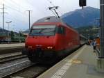 Re 460 028-4 mit IR 1832 (Brig - Lausanne - Genève-Aéroport) am 22.7.2015 in Brig.