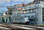 186 109-5 der Railpool GmbH, vermietet an die BLS Cargo AG (BLSC), rangiert im Bahnhof Spiez (CH) Richtung Abstellgruppe.