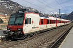 Der Domino Triebwagen von RegionAlps  RA16  RBDe 560 (DO RA 94 85 7 560 416-0 CH-RA), Bahnhof Visp, 04.Februar 2021, Visp, Schweiz.