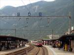 Domino RA02 von RegionAlps als SBB-Regionalzug nach Monthey bei Einfahrt in Martigny; am Abend des 10.06.2014  