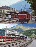 Auf diesem Vergleichsbild rangiert oben die 1929 beschaffte und 2005 ausgmusterte HGe 4/4 I 11 der BVZ im Juli 1983 auf dem Bahnhofsvorplatz von Brig, darunter eine Aufnahme vom 08.05.2024: Wie man